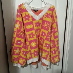 J.ING V-Neck Pink and Yellow Geometric Sweater